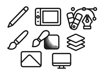 Digital Design Icons. Modern Illustration Tools linear icon set: stylus, tablet, color picker, vector shapes, brush, gradient, layers, screen