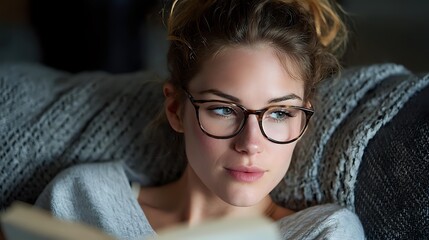 Young Caucasian woman with glasses and messy updo hairstyle relaxing on cozy sofa, looking thoughtfully at camera with intense blue eyes. Perfect for lifestyle or home content.