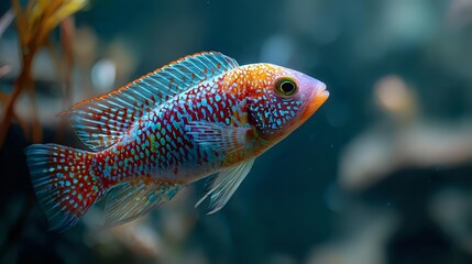 Colorful tropical cichlid fish with vibrant blue, red, and orange patterns swimming in aquarium water with soft bokeh background.
