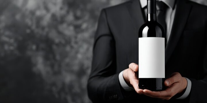 Sommelier presenting red wine bottle with blank label mockup