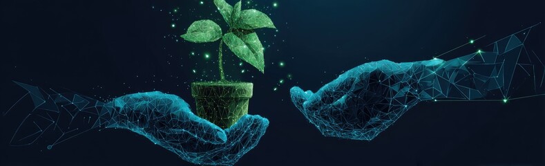 Digital art depicts hands cradling a potted plant, with a low-poly aesthetic and a dark blue background