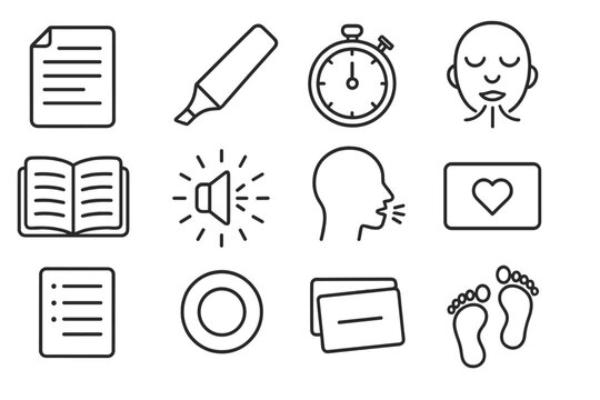Speech Preparation Essentials. Speech Preparation Basics linear icon set: outline sheet, highlight mark, practice timer, calm breath icon, rehearsal notes, clarity beam, voice
