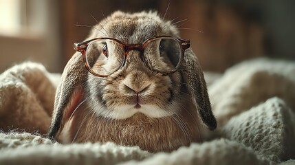 Adorable lop-eared rabbit wearing vintage glasses, nestled in cozy knitted blanket. Cute pet portrait with soft natural lighting for greeting cards.