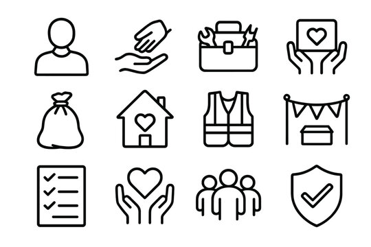 Community Service Icon Set. Labor Day Community Service Roles Elements Set linear icon set: volunteer figure, helping hand, tool kit, donation box, cleanup bag, community house