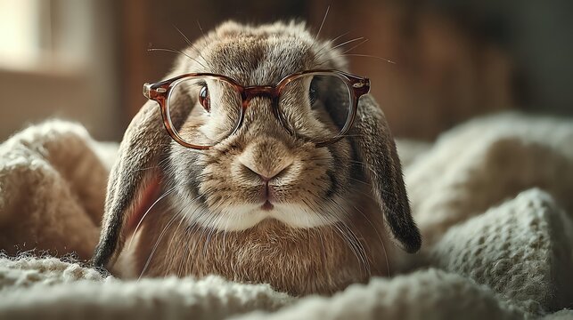 Adorable lop-eared rabbit wearing vintage glasses, nestled in cozy knitted blanket. Cute pet portrait with soft natural lighting for greeting cards.