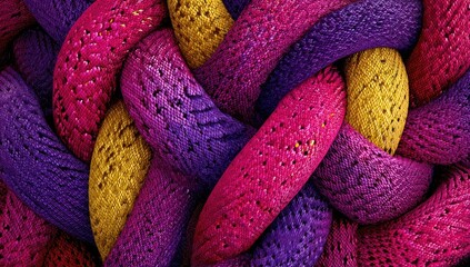 Colorful, close-up view of tightly woven strands in vibrant shades of pink, purple, and gold