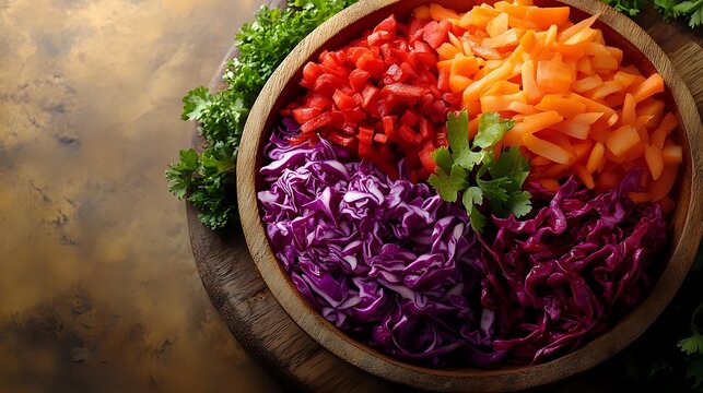 Vibrant fresh vegetables in wooden bowl with red bell peppers, orange carrots, purple cabbage, and green herbs on rustic background. - Powered by Adobe