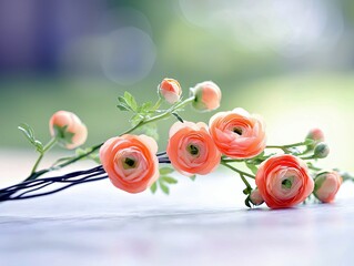 A delicate sprig of peach-colored ranunculus flowers and buds, with green leaves, resting on a light-colored surface. The background is softly blurred with boke