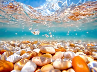 A close-up, underwater view of smooth, colorful pebbles on a beach, with sunlight refracting through the water's surface and small air bubbles rising.