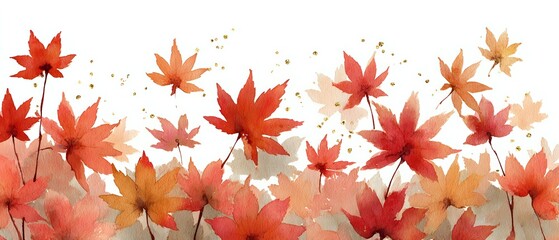 Watercolor autumn maple leaves in vibrant red and orange hues on white background, creating seasonal border pattern for fall designs.