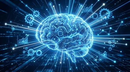 Glowing blue digital brain with neural network connections and data analytics.