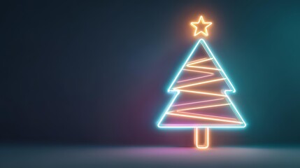Glowing neon Christmas tree with star topper against dark background, featuring blue outline and pink zigzag decoration for holiday season designs.