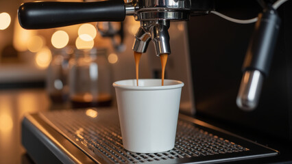 Freshly brewed coffee pours into white cup from espresso machine, creating rich and inviting scene. warm bokeh lights background enhance cozy