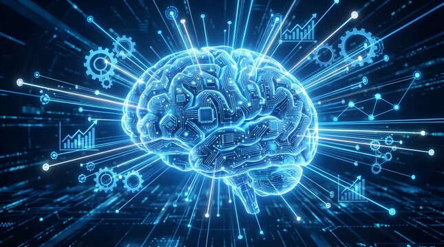 Glowing blue digital brain with neural network connections and data analytics.