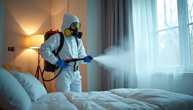 Pro worker in protective suit, mask sprays disinfectant inside room. Technician cleans hotel home bedroom, targets pests, insects, rodents, bacteria, mold. Service ensures hygiene, safety, health for