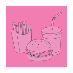 Fast food illustration with a burger, fries, and a drink, perfect for menus, advertisements, and foodrelated designs on a pink background