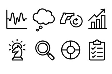 Cognitive Models Icons. Cognitive and Behavioral Models linear icon set: brainwave graph, thought bubble, trigger-response, data chart, motivation symbol, perception lens