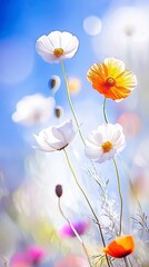Close-up of delicate white and orange poppies with thin stems, set against a soft-focus blue sky with bokeh highlights. Some unopened buds and other colorful fl