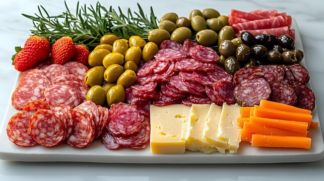Gourmet charcuterie board with assorted cured meats, cheese, olives, strawberries, and fresh vegetables arranged on white serving platter for entertaining. - Powered by Adobe