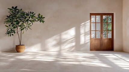 A minimalist interior scene featuring a potted green plant on the left and a pair of wooden French doors on the right, bathed in dappled sunlight casting long s