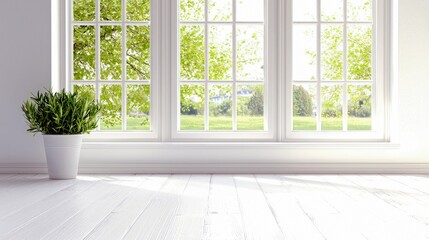 A white pot with a lush green plant sits on a white wooden floor in front of a large white-framed window. Through the window, vibrant green trees and grass are