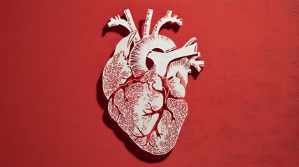 Anatomical heart model on vibrant red background showcasing detailed cardiovascular structure for medical education and healthcare concepts.