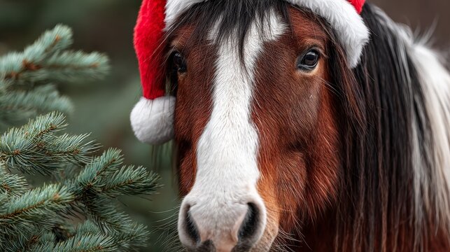 A cheerful horse dressed as Santa Claus spreads Christmas joy in a beautiful snowy farm landscape.