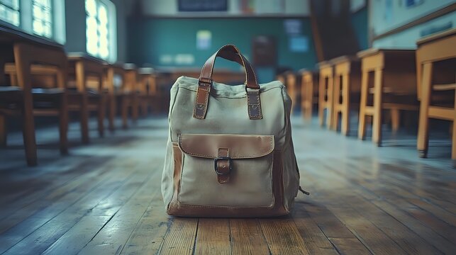 Vintage canvas backpack on wooden floor in empty classroom, symbolizing education, travel, and student life.