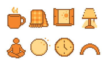 Calm Icons Set. Calm Moments pixel style icon set: warm drink, cozy blanket, open window, soft lamp glow, relaxed posture icon, quiet space bubble, slow time marker, gentle arc