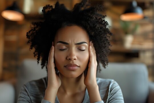 Young African American woman with curly hair touching temples with closed eyes, experiencing headache or stress in warm-toned cozy interior setting.