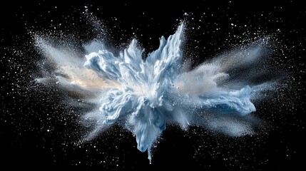A dynamic, high-speed photograph capturing a vibrant explosion of light blue and white powder against a stark black background. The powder is frozen in mid-air,