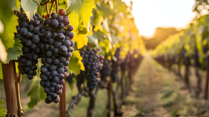 Lush vineyard rows with ripening grapes bathed in golden evening light