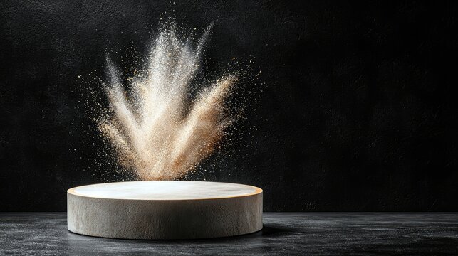 A round, light-colored pedestal is centered in the frame, with a dramatic explosion of light-colored powder erupting upwards from its surface. The background is - Powered by Adobe