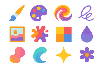 Creative Icon Set. Artistic Expression flat icon set: paint brush, color palette, abstract swirl, sketch line, canvas frame, creative splash, pattern block, ink droplet, soft