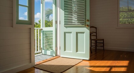 Obraz premium Open mint green wooden door leading to balcony with tropical view and sunlight on floor
