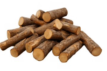 Firewood logs piled, chopped timber for burning, heating, and construction with transparent background