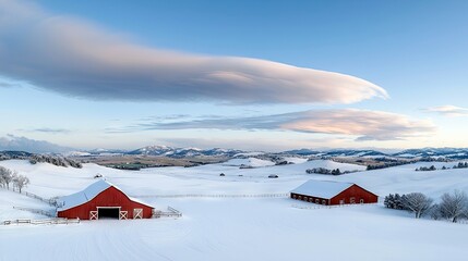 Two classic red barns stand prominently in a vast, snow-covered rural landscape. Rolling hills and distant mountains are visible under a clear blue sky with dis