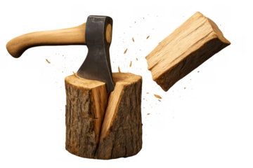 Axe splitting log, wood flying, chopping firewood, action concept, lumberjack tool, transparent background on process