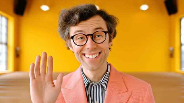 Engaging man in stylish pink blazer greets audience with a friendly wave, showcasing vibrant yellow background, capturing joyful expression, camera performs a smooth zoom in