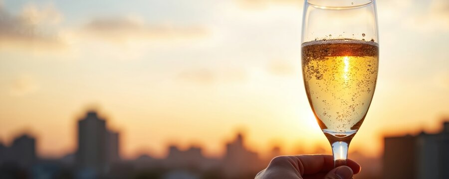 Hand holds champagne flute against blurred city skyline at sunset. Golden bubbles rise in sparkling wine. Warm sky offers romantic atmosphere for celebration or special event.