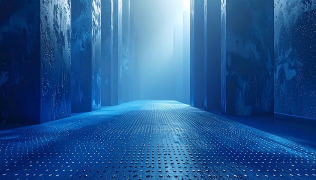 A blue-lit corridor of textured pillars receding into a bright, ethereal glow. The floor displays a grid pattern