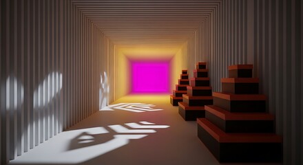 Hallway with layered boxes and geometric shadows leading to bright light