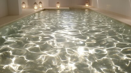 Tranquil indoor swimming pool with soft lighting and shimmering water reflections, creating a serene and relaxing atmosphere for leisure and relaxation
