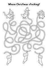 Christmas village black and white maze with animals, stockings. Line labyrinth game with tangled string with gift socks, penguin, cat. Winter holiday printable activity, worksheet, coloring page