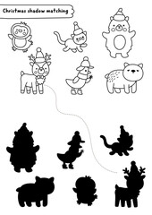 Christmas village black and white shadow matching activity with penguin, cat, bear, deer, bird. Winter holiday line puzzle. New Year find correct silhouette printable worksheet, game, coloring page