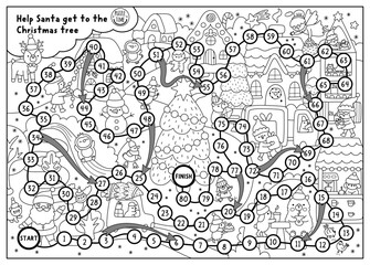 Christmas black and white village board game with animals, Santa Claus going to fir tree. Line detailed boardgame with market, houses, deer. Winter holiday printable activity, coloring page