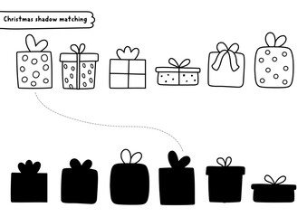 Christmas village black and white shadow matching activity with cute present boxes. Winter holiday line puzzle with gifts. New Year find correct silhouette printable worksheet, game, coloring page