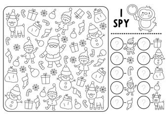 Christmas I spy black and white game for kids. Searching and counting line activity with Santa Claus, deer, elf, snowman. New Year printable worksheet. Winter holiday puzzle, coloring page