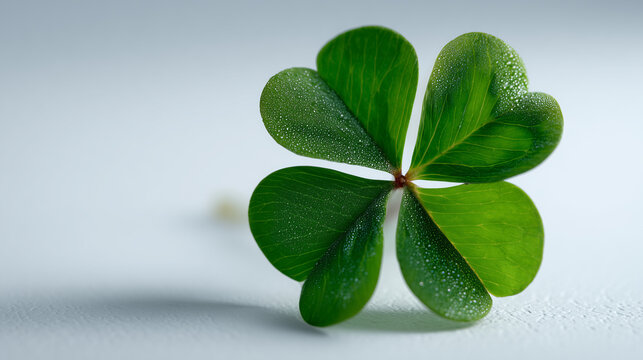 A close-up of a four-leaf clover with vibrant green leaves. The clover is set against a light background, highlighting its unique shape and texture. St. Patrick's Day wallpaper.