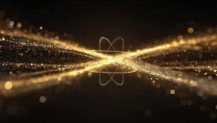 Abstract golden particle streams converge on atom-like shape, creating a glowing, dynamic visual